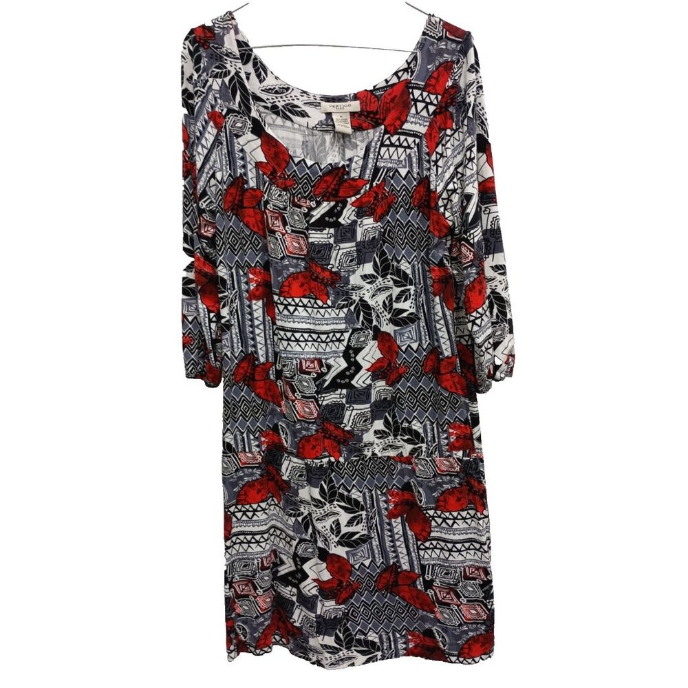 VTG 90s Vertigo Womens Dress Medium Red Black Abstract‎ Artsy 3/4 Sleeve Casual